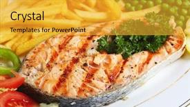 Presentation with salmon grilled fish salmon grilled - PPT theme featuring steak served with salad chip background and a gold colored foreground