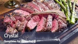  Presentation with barbecue dry aged kobe rib - Slide deck featuring steak sliced with green asparagus background and a ocean colored foreground