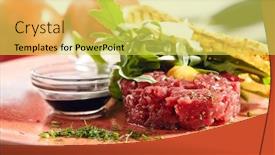  Presentation with ground beef - Colorful slide set enhanced with steak tartare made from raw ground beef served with greens pepper and worcestershire sauce close up minced horse meat tartare with quail egg yolk backdrop and a yellow colored foreground