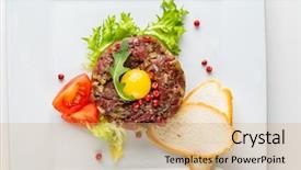  Presentation with close up of beef tartar - Slide set with steak tartare with raw quail background and a coral colored foreground