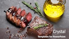  Presentation with beef steak bbq strip steak - Slide set with steak with balsamico and rosemary background and a tawny brown colored foreground