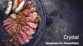  Presentation with caveman - Colorful slide set enhanced with steak with onion and pomegranate backdrop and a dark gray colored foreground