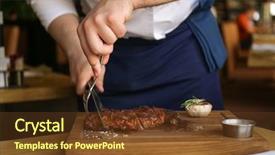 Presentation with grilled - Slide deck having chef cutting grilled meat on wooden board in restaurant background and a tawny brown colored foreground
