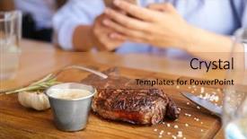  Presentation with steak - PPT layouts with steakhouse - delicious grilled steak on wooden background and a coral colored foreground