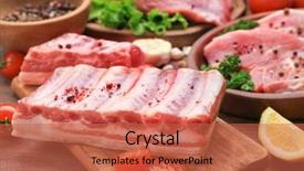  Presentation with gluten free bread on wooden - Colorful presentation theme enhanced with fresh raw ribs on wooden backdrop and a red colored foreground