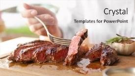 Presentation with steak - Cool new PPT layouts with steakhouse - young woman eating grilled steak backdrop and a light gray colored foreground