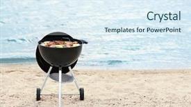  Presentation with steaks - Audience pleasing PPT layouts consisting of steaks and vegetables on beach backdrop and a sky blue colored foreground