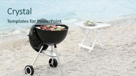  Presentation with steaks - Slide deck with steaks and vegetables on beach background and a sky blue colored foreground