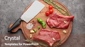  Presentation with vegetable cutting board - Presentation theme enhanced with steaks with rosemary and vegetable background and a tawny brown colored foreground