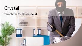  Presentation with gangster - Beautiful PPT theme featuring steal - male gangster stealing information backdrop and a sky blue colored foreground