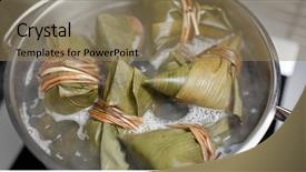  Presentation with dumpling - Presentation design enhanced with steam boat - rice dumpling cook at home background and a coral colored foreground