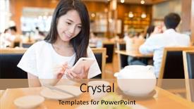  Presentation with chinese restaurant - Slide deck enhanced with steam cell - woman use of mobile phone background and a coral colored foreground