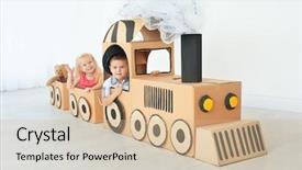  Presentation with children playing - Amazing slide set having steam engines trains - little children playing with cardboard backdrop and a soft green colored foreground