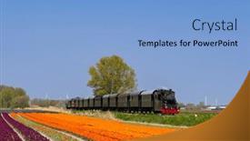  Presentation with steam - PPT theme with steam-trai-with-tulip-field background and a light blue colored foreground