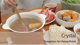  Presentation with steamboat - Beautiful PPT theme featuring steamboat restaurant - chinese style hot pot backdrop and a soft green colored foreground
