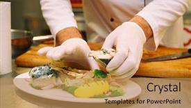  Presentation with food fish - Cool new PPT theme with steamed mackerel fish healthy food backdrop and a gold colored foreground