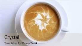  Presentation with art - PPT theme with steaming cup coffee - latte with froth art background and a coral colored foreground
