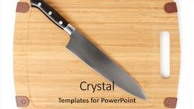  Presentation with vegetable cutting board - Presentation design having welding stainless steel - chef's knife on a cutting background and a  colored foreground