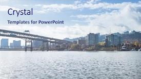  Presentation with steel bridge - Beautiful presentation featuring steel bridge over tranquil water with cityscape and skyline of portland backdrop and a sky blue colored foreground