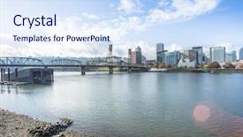  Presentation with steel bridge - Presentation having steel bridge over tranquil water with cityscape and skyline of portland background and a sky blue colored foreground