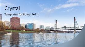  Presentation with steel bridge - Presentation consisting of steel bridge over tranquil water with cityscape and skyline of portland background and a light blue colored foreground