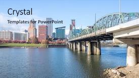  Presentation with steel bridge - Theme featuring steel bridge over water with cityscape and skyline in portland background and a light blue colored foreground