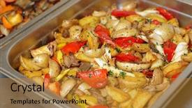  Presentation with wedges - Colorful slide set enhanced with steel-container-with-potato-wedges backdrop and a gold colored foreground