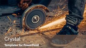  Presentation with hot work - Cool new slide deck with steel-cutter-saw-at-work backdrop and a tawny brown colored foreground