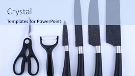  Presentation with steel - PPT layouts having steel-kitchen-knife-isolated-over background and a sky blue colored foreground