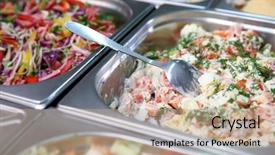  Presentation with food service - Cool new slide deck with steel self service trays filled with delicious food backdrop and a coral colored foreground