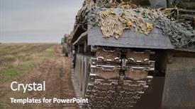 Presentation with tracks - Cool new slide deck with steel slag - crawler tracks of military tank backdrop and a tawny brown colored foreground