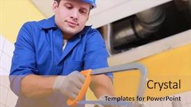  Presentation with pipe - Amazing theme having plumber sawing plastic pipe backdrop and a yellow colored foreground