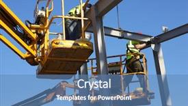  Presentation with steel construction - Amazing PPT layouts having steel workers with cherry pickers backdrop and a teal colored foreground