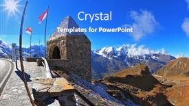  Presentation with lens - Presentation design with steep turns are marked with red flags picturesque alpine road grossglocknershtrasse bright sunny day photo taken by lens fisheye background and a cobalt blue colored foreground