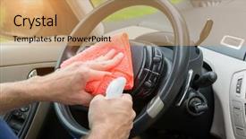  Presentation with car cleaning - Colorful PPT layouts enhanced with steering wheel - hand with cloth cleaning car backdrop and a coral colored foreground