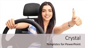  Presentation with vehicle - Amazing slide set having steering wheel - young cheerful woman driving backdrop and a light gray colored foreground