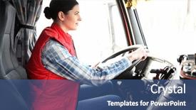  Presentation with truck driver - Beautiful slide deck featuring steering wheel - young female driver sitting backdrop and a ocean colored foreground