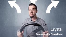  Presentation with direction - Presentation design featuring steering wheel with three arrows background and a gray colored foreground