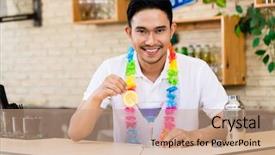  Presentation with cocktail bar - Beautiful PPT theme featuring steirs - portrait of a bartender stirring backdrop and a coral colored foreground
