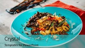  Presentation with noodles - Audience pleasing slides consisting of steirs - sesame beef stir fry noodles backdrop and a teal colored foreground