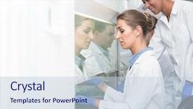  Presentation with scientific research flask pipette - PPT theme having stem career - researcher and lab assistant working background and a light blue colored foreground