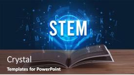  Presentation with digital book - Colorful presentation theme enhanced with stem inscription coming out from an open book digital technology concept backdrop and a tawny brown colored foreground