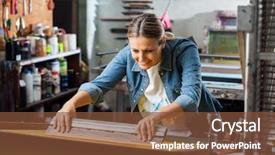  Presentation with worker - Beautiful PPT layouts featuring stencil - smiling mid adult female worker backdrop and a tawny brown colored foreground