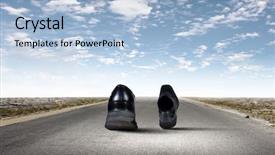  Presentation with black road - Audience pleasing slides consisting of step forward - pair of black shoes walking backdrop and a light blue colored foreground