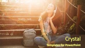  Presentation with listening woman - Presentation featuring steps outdoors in park background and a tawny brown colored foreground