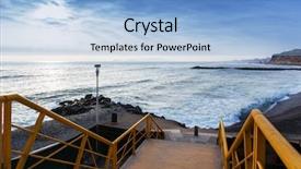  Presentation with steps - Beautiful slide deck featuring steps to the ocean and sunset backdrop and a light blue colored foreground