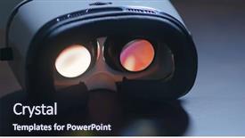  Presentation with play - Audience pleasing presentation theme consisting of stereoscope - virtual reality device play video backdrop and a wine colored foreground