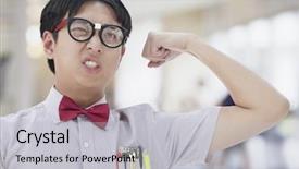  Presentation with flexing - Slide set consisting of stereotype media - nerdy man flexing his bicep background and a light gray colored foreground