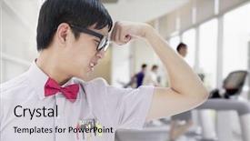  Presentation with flexing - Slide set featuring stereotype media - nerdy man flexing his bicep background and a light gray colored foreground