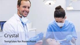  Presentation with tool belt tools - Theme with steril gloves nurse mask - dentist examining a young patient background and a light blue colored foreground